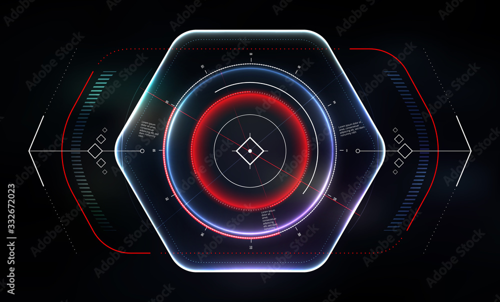 Futuristic aim screen design. Neon military HUD interface. Interactive radar dashboard or target capture system. Vitrual Reality Technology Screen. Vector illustration Futuristic aim screen design. Neon military HUD interface. Interactive radar dashboard or target capture system. Vitrual Reality Technology Screen. Vector illustration