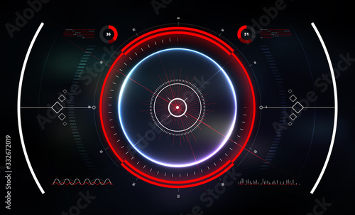 Futuristic HUD interface screen design. Neon military aim. Interactive radar dashboard or target capture system. Vitrual Reality Technology Screen. Vector illustration