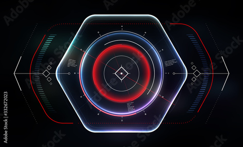 Futuristic aim screen design. Neon military HUD interface. Interactive radar dashboard or target capture system. Vitrual Reality Technology Screen. Vector illustration