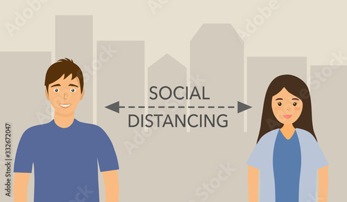 Social distancing in flat design concept vector illustration. Man and woman are standing away to prevent Covid-19 Coronavirus disease. Idea for Coronavirus outbreak prevention and awareness.