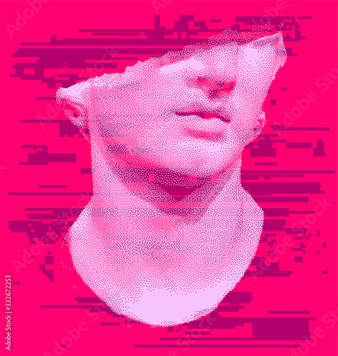 Sculpture in 8-bit pixel art style, old Hellenistic marble bust or Colossal head of a youth. Vaporwave retro style illustration.