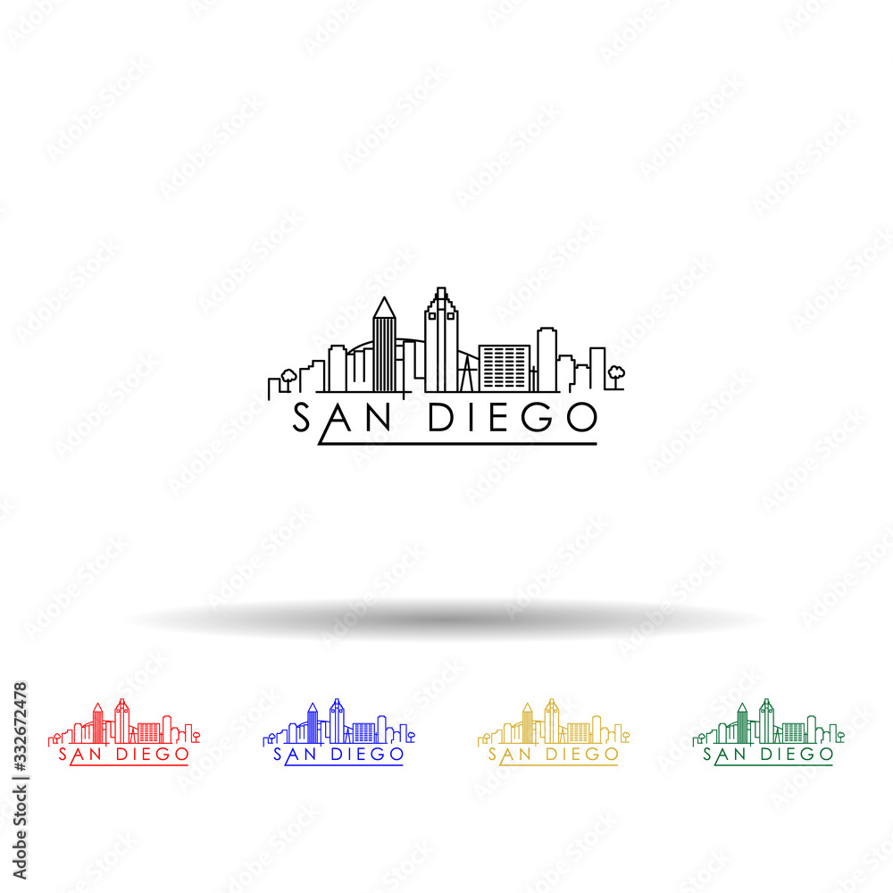 Linear san diego city silhouette with typographic design multi color icon. Simple thin line, outline vector of cities icons for ui and ux, website or mobile application