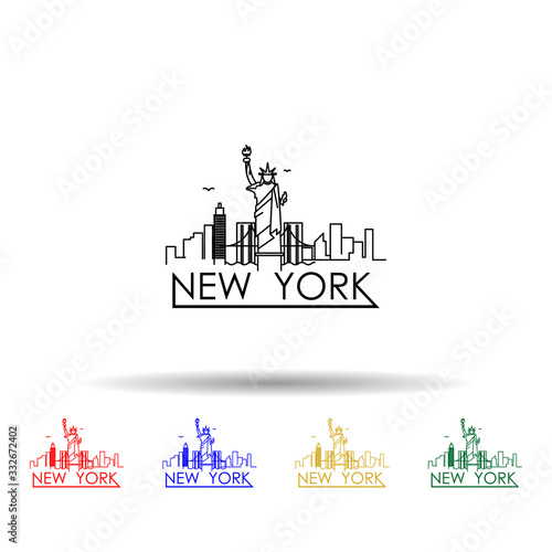 Linear new york city skyline with typographic design multi color icon. Simple thin line, outline vector of cities icons for ui and ux, website or mobile application