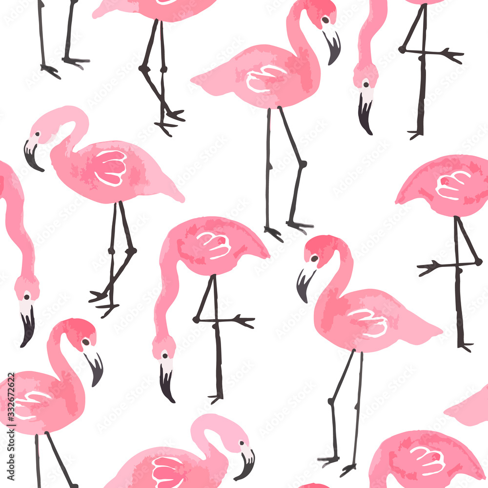Obraz premium Pink ink flamingo set, tropical summer pattern vector illustration