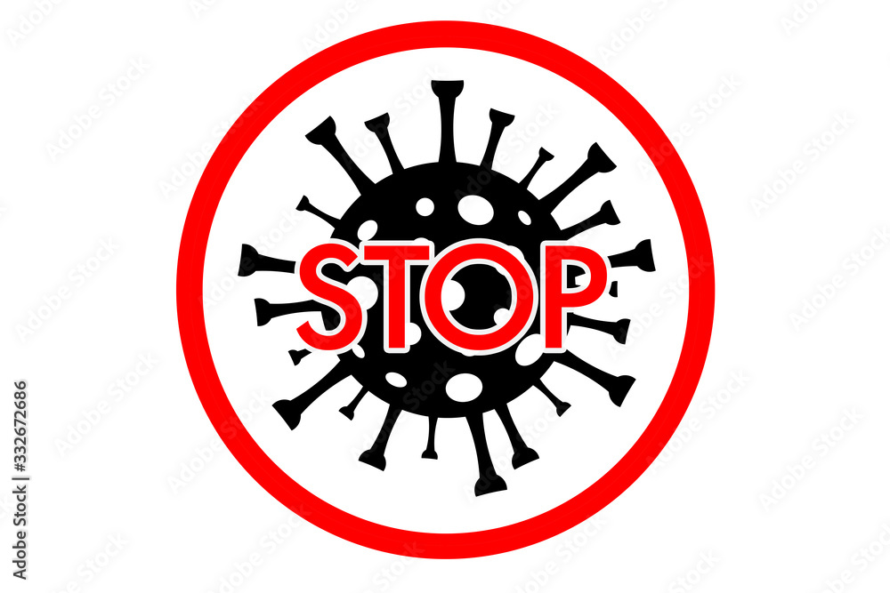 Mercule of coronavirus under a microscope in a red circle, crossed out. Distribution of Covid-19. Sign caution Stop coronavirus.