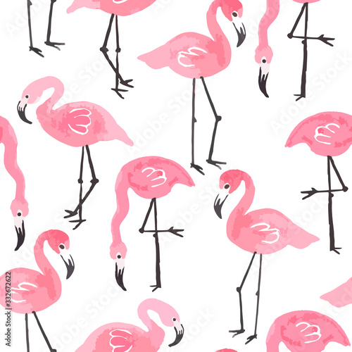 Pink ink flamingo set, tropical summer pattern vector illustration