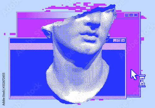 Sculpture in 8-bit pixel art style, old Hellenistic marble bust or Colossal head of a youth. Vaporwave retro style illustration.