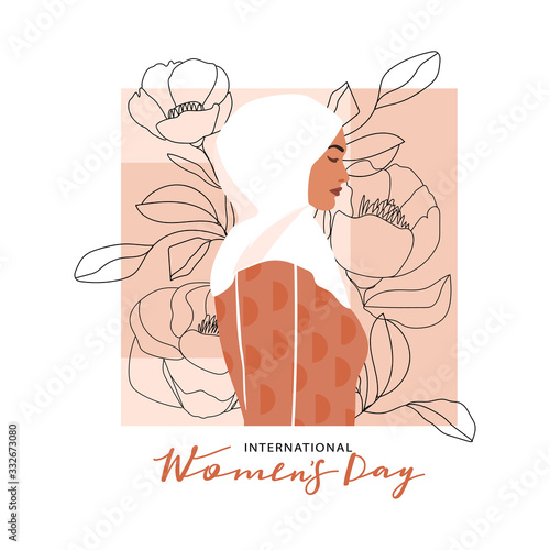 International Women's Day greeting card. Abstract arabic muslim woman portrait with one line flowers and leaves. Women empowerment. Vector illustration.