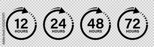 Hours work 12, 24, 48 and 72 clock with arrow, effect of work time. Isolated background, vector