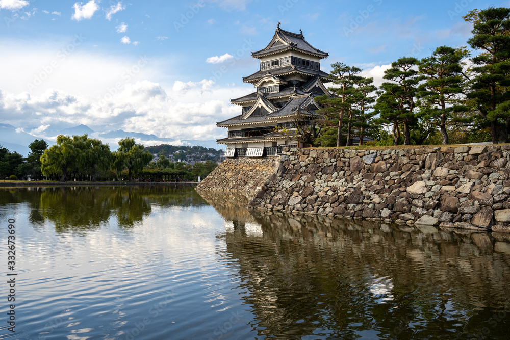 Matsumoto castle and blue sky and reflecting on the pond at Matsumoto city, Nagano, Japan Matsumoto castle and blue sky and reflecting on the pond at Matsumoto city, Nagano, Japan