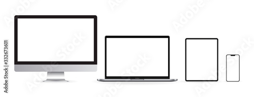 Mockup set of device. Realistic set of Monitor, laptop, tablet, smartphone. Vector