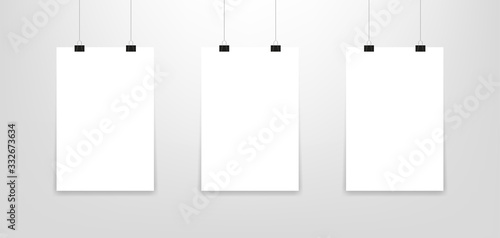Mockup poster. Three hanging poster mockup. Vector