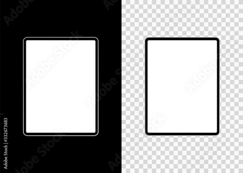 Mockup tablet empty screen front view on isolated and black background. Vector