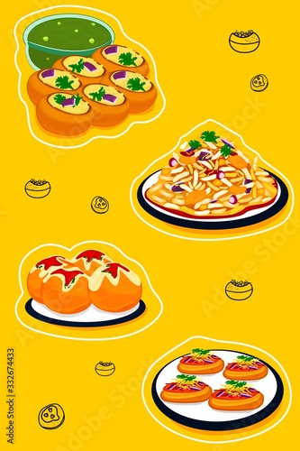 Pani Puri,Bhelpuri,Dahi vada,Sev Puri indian Street Food Vector
