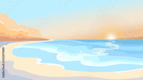 Beach at dawn. Beautiful landscape in cartoon style.