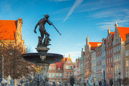 Fountain of Neptune in old town in Gdansk, symbol of the city. Poland