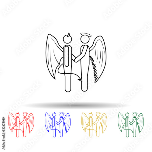 The handshake of an angel and a demon multi color icon. Simple thin line, outline vector of angel and demon icons for ui and ux, website or mobile application