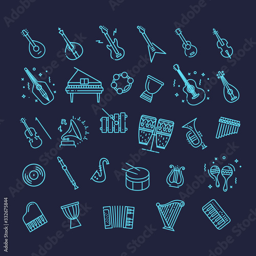 Outline flat vector icons. music classic instruments.