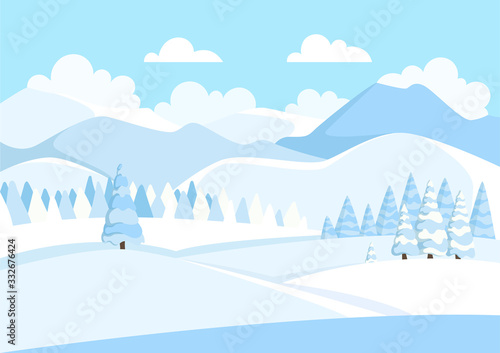 Beautiful winter mountain landscape with blue sky and white clouds. Panorama of mountain ridges with spruce or pine forest in the foreground. Coniferous forest. Vector illustration