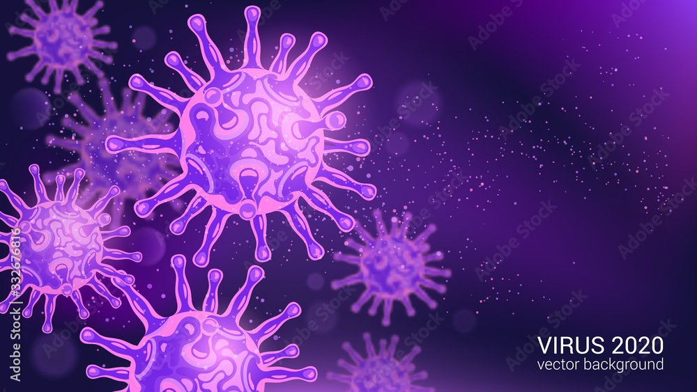 Covid-19. Abstract image of a virus. Vector. Dark violet background. World pandemic and coronavirus epidemic. Health and immune problems. Place for text. Covid-19. Abstract image of a virus. Vector. Dark violet background. World pandemic and coronavirus epidemic. Health and immune problems. Place for text.