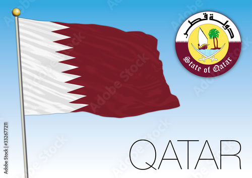 Qatar official national flag and coat of arms, middle east, vector illustration