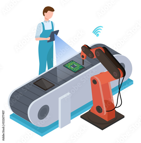 Man working on automated production with smart mechanisms. Robotic machine doing microchips and tablets. Operator control products on conveyor. Vector illustration of modern factory in flat style
