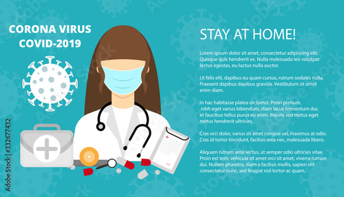 Corona virus background, pandemic medical concept, vector illustration.Doctor wearing mask, place for a text..