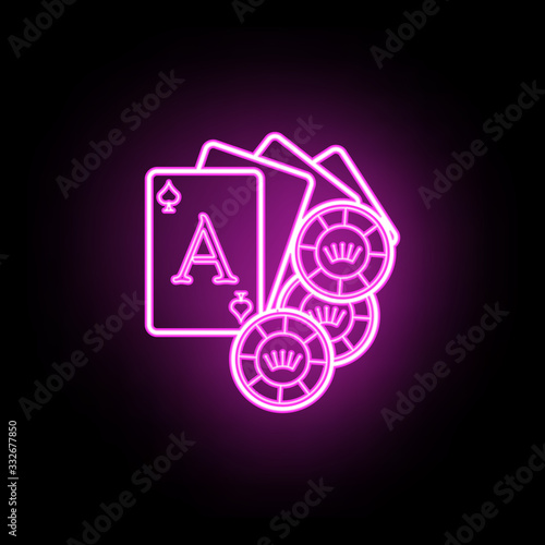 Playing cards and chips neon icon. Simple thin line, outline vector of casino icons for ui and ux, website or mobile application