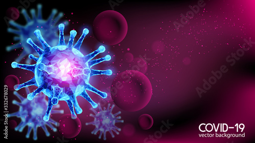Virus in human blood. Vector. Abstract polygonal image of coronavirus on the background of red blood cells. Human lungs infected. Medical dark background. Pandemic and epidemic. Viral diseases.