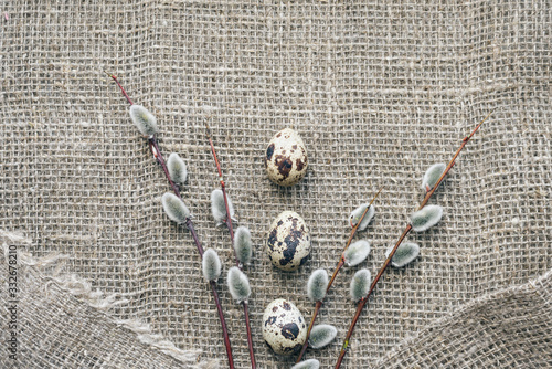 Quail eggs with willow branches on a background of rough canvas. Easter composition