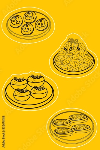 Pani Puri,Bhel Puri,Dahi Puri,Sev Puri line drawing indian Street Food Vector