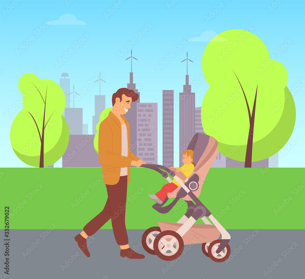 Daddy spending time with child vector, city walk, father and offspring sitting in perambulator walking in city park, town buildings with park and greenery trees, parenting and care Daddy spending time with child vector, city walk, father and offspring sitting in perambulator walking in city park, town buildings with park and greenery trees, parenting and care
