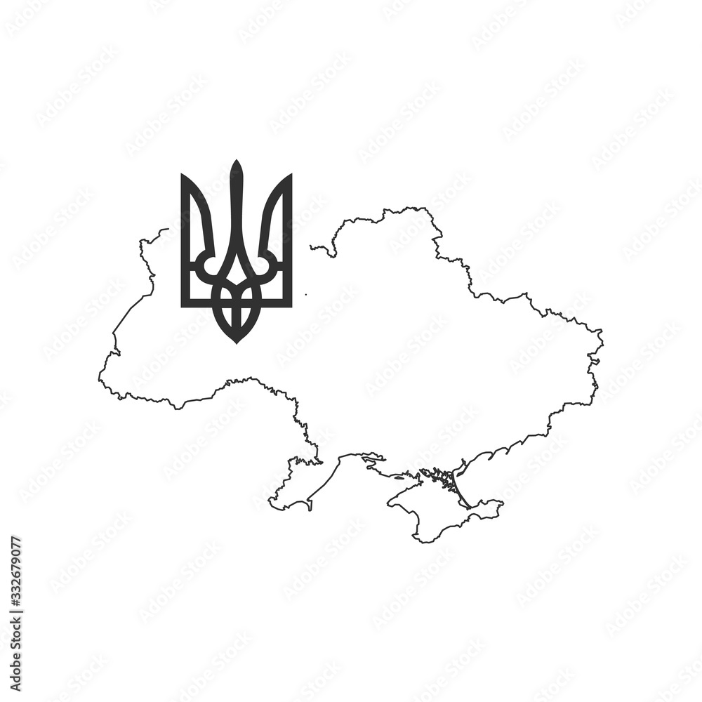 Linear Map of Ukraine with Tryzub. Ukrainian Coat of Arms, trident