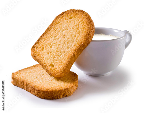 Tableau sur toile Breakfast set isolated on white, cup of milk and two rusks