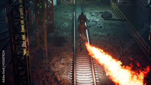 Stalkers in military chemical protective clothing and a gas mask are walking along an abandoned subway with a flamethrower. The concept of a post-apocalyptic world after a nuclear war. 3D Rendering photo