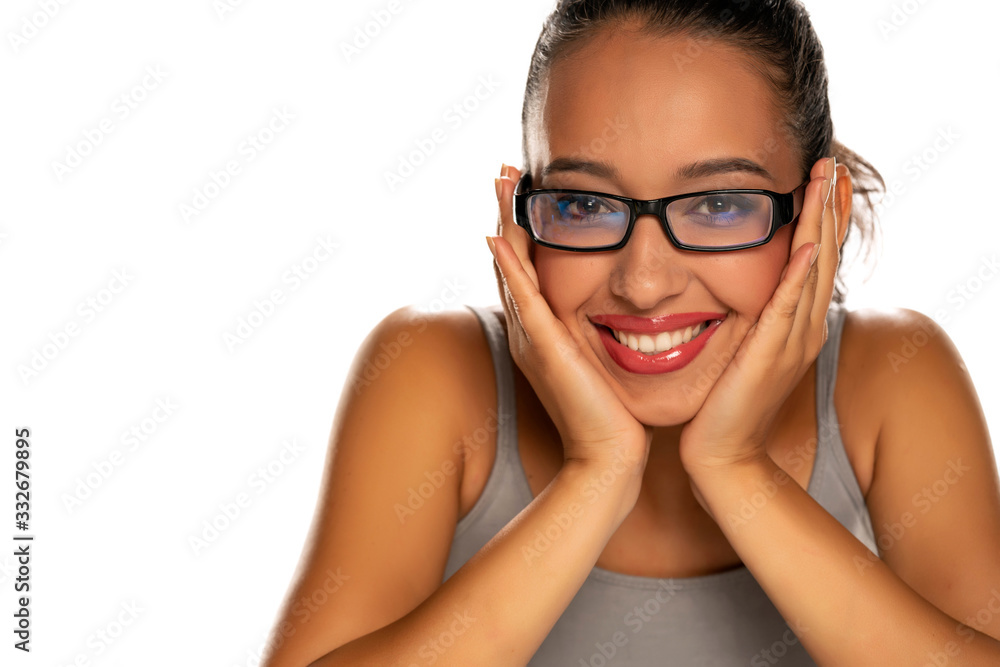 Happy young dark skinned woman with eyeglasses Happy young dark skinned woman with eyeglasses