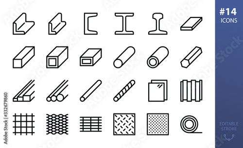 Rolled steel vector icons set. Set of metal products, steel angle, channel, rail, i beam, flat metal bar, steel tube, pipe, expanded metal, perforated sheet, bar grating, rebar, wire mesh line icon