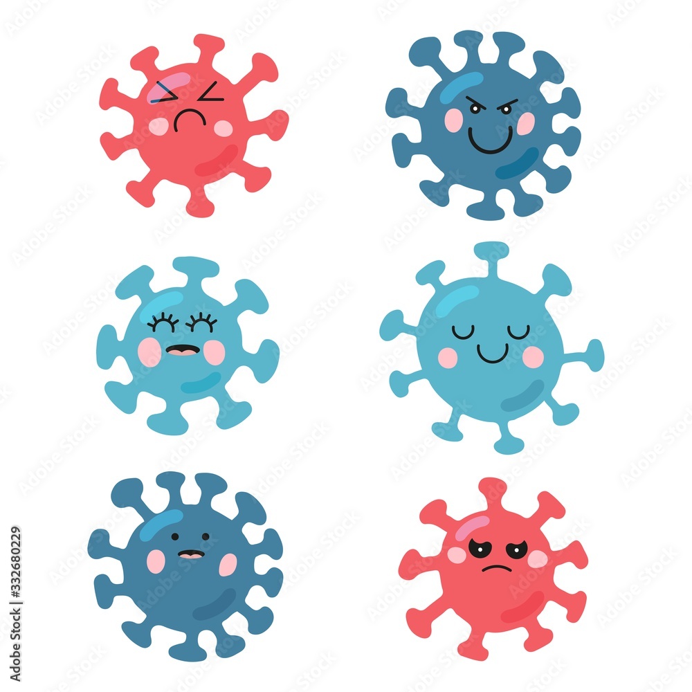 Character shaped cell of a microorganism with faces. Coronavirus set. Wuhan COVID-19 sticker. Kawaii cartoon virus. Wuhan pneumonia flat vector illustration.