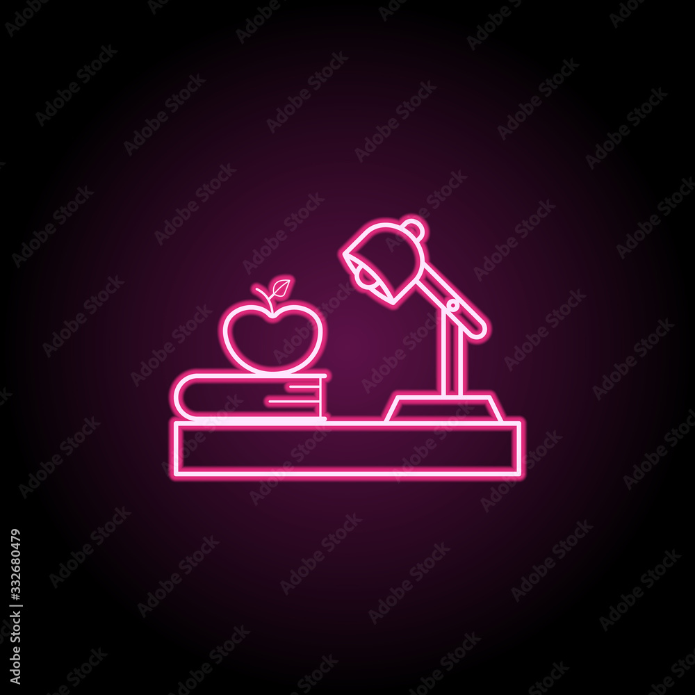 Lamp book apple on the table, workplace neon icon. Simple thin line, outline vector of education icons for ui and ux, website or mobile application Lamp book apple on the table, workplace neon icon. Simple thin line, outline vector of education icons for ui and ux, website or mobile application