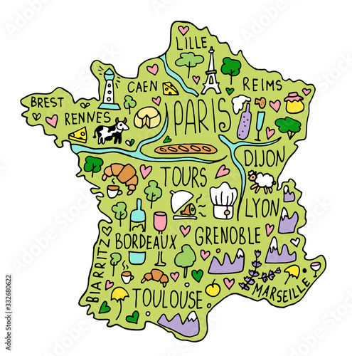 Colored Hand drawn doodle France map. city names lettering and cartoon