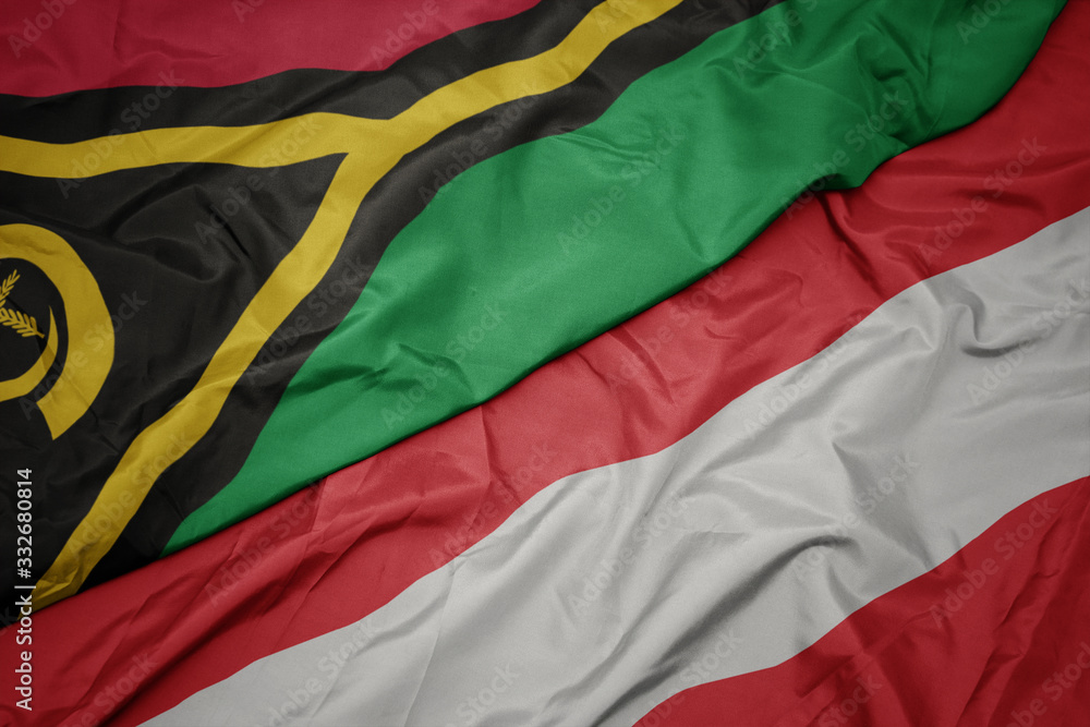 waving colorful flag of austria and national flag of Vanuatu . waving colorful flag of austria and national flag of Vanuatu .