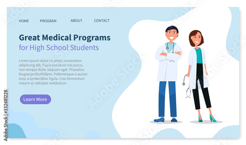 Great medical programs for high school students from doctors man and woman. Educational diagnosis science and treatment lesson online. Website or webpage template, landing page flat style vector