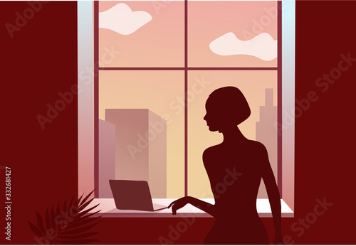2019-ncov quarantine. Sad woman near the window. Lockdown at home type. Laptop. Remote work concept. Coronavirus panic. Isolated sick person vector illustration.