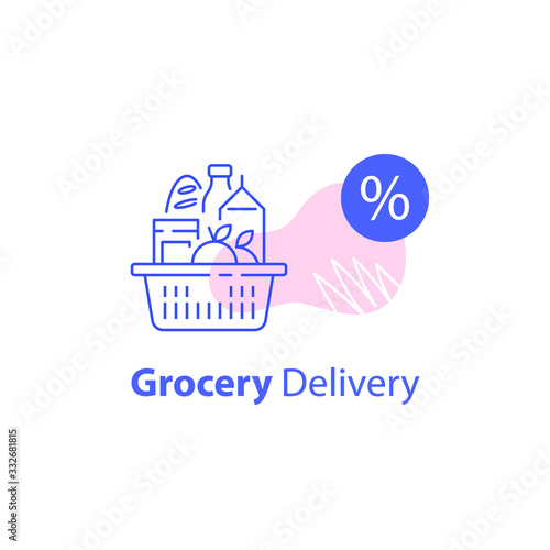 Full shopping basket, grocery store, supermarket special offer, food delivery