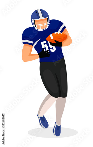 Gridiron player running with ball in hands. American football game, isolated character taking part in competition. Traditional sports in usa. Professional athlete in uniform with equipment vector