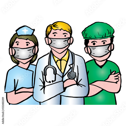 Doctor and nurses wearing protective suite and standing together to fight coronavirus