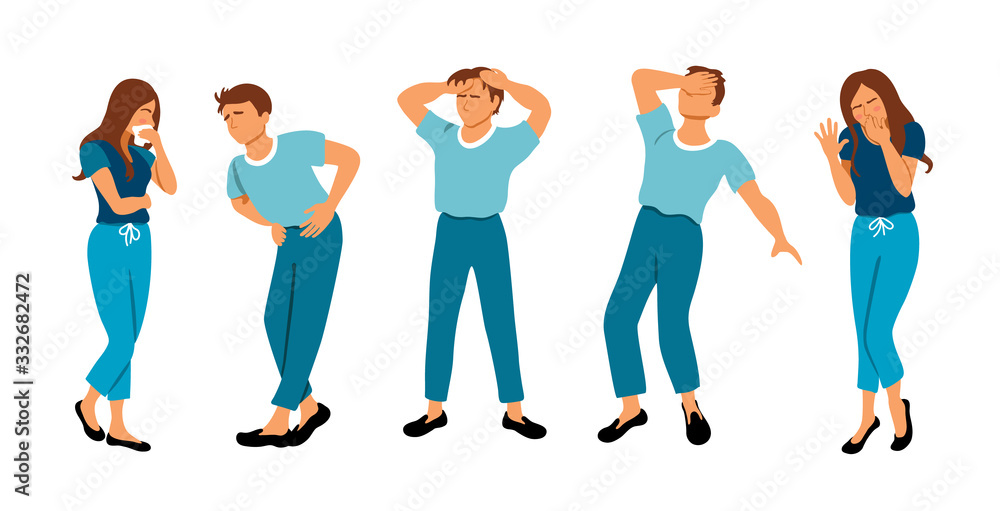 Collection of unhappy people suffering pain or ache. Set of ill people who lose consciousness, coughing, holding belly, has a headache. Vector illustration in flat style Collection of unhappy people suffering pain or ache. Set of ill people who lose consciousness, coughing, holding belly, has a headache. Vector illustration in flat style