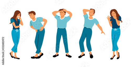 Collection of unhappy people suffering pain or ache. Set of ill people who lose consciousness, coughing, holding belly, has a headache. Vector illustration in flat style