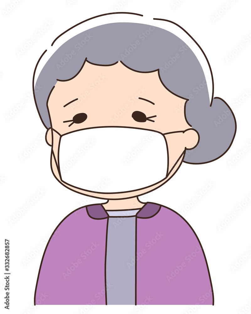 Elderly woman wearing a medical face mask to prevent coronavirus or covid-19 or another type of virus. Vector illustration isolated on white background.