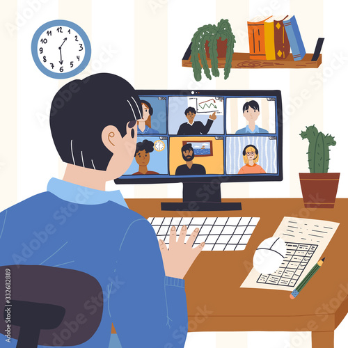 The man participates in an meeting or business conference online from home and communicates with the chief and colleagues. Quarantine, self isolation, freelance, distant work concept.
